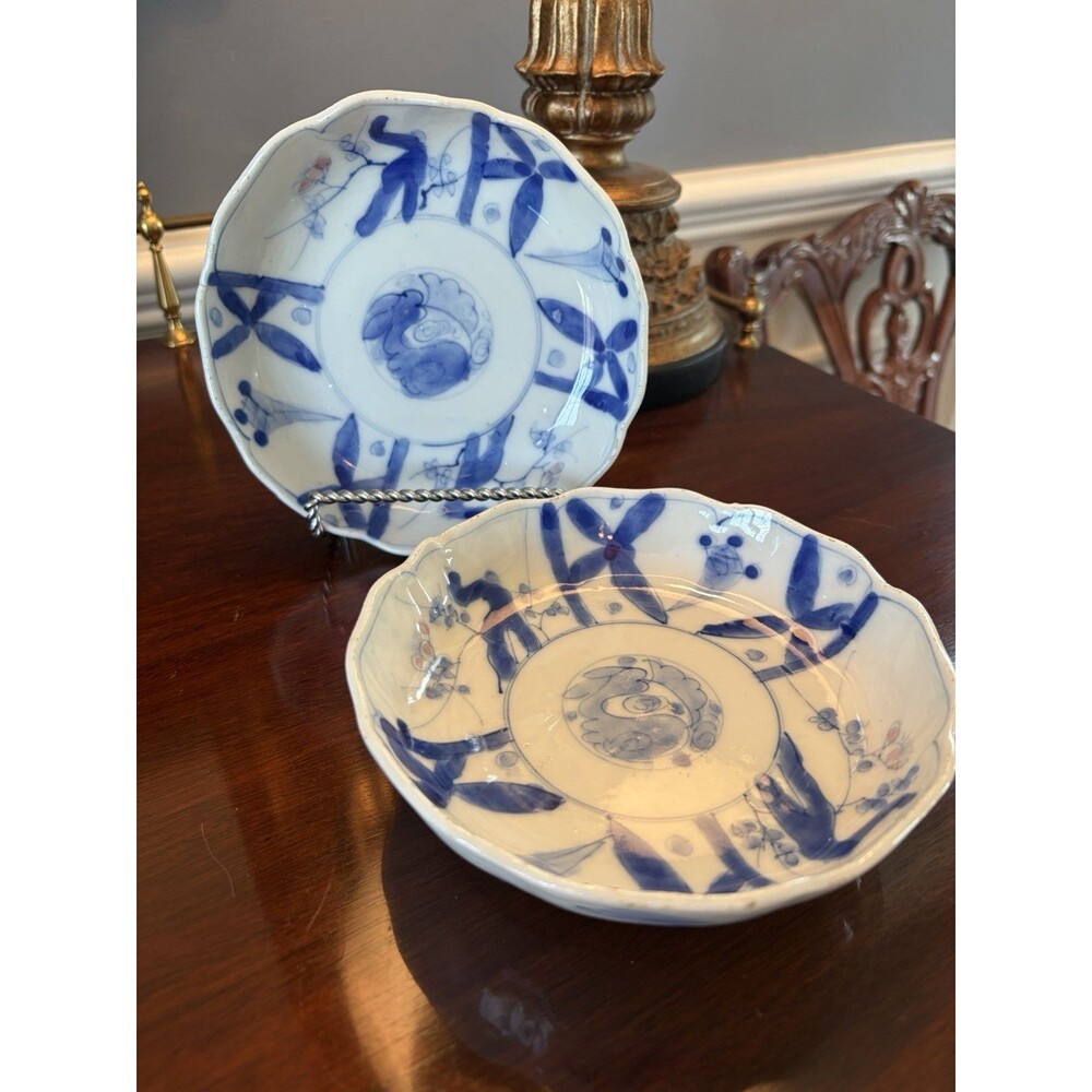 19th c. Pair Japanese Meiji Arita Blue & White Scalloped Bowls Antique